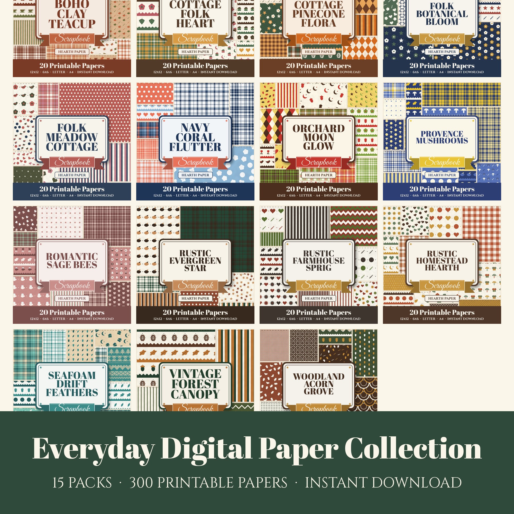 Everyday Digital Paper Collection, 15 digital paper packs