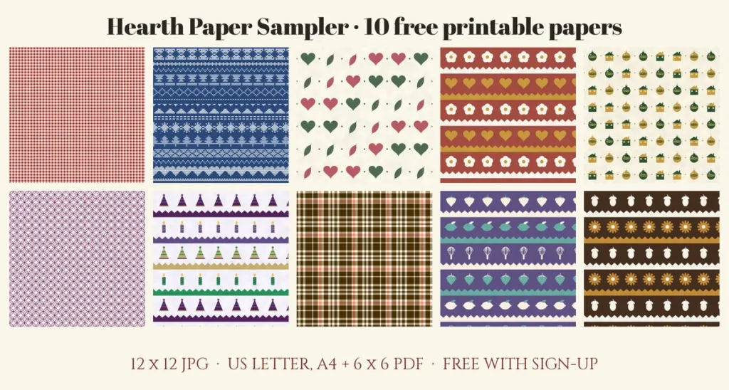 Ten free printable scrapbook papers from the Hearth Paper Sampler: gingham, Nordic knit, hearts, folk florals and more