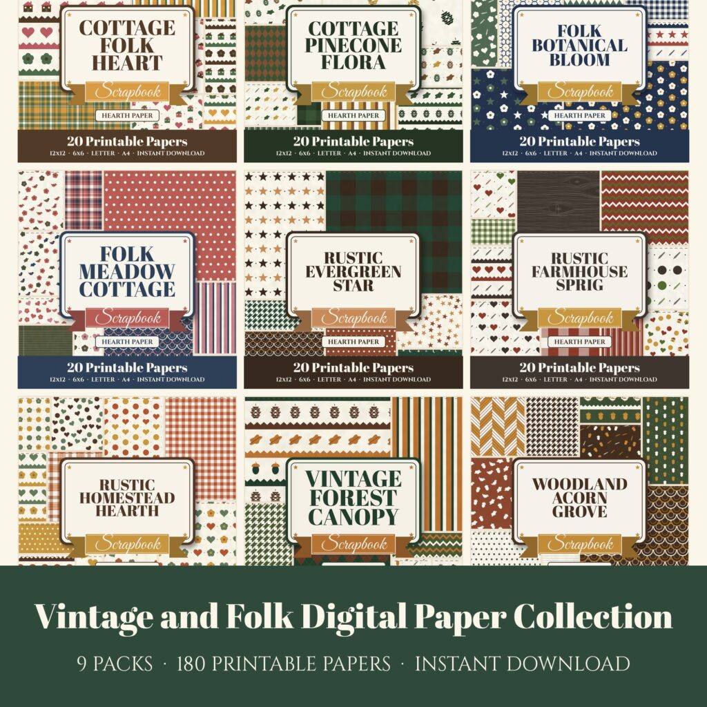 Vintage and Folk Digital Paper Collection, 9 digital paper packs