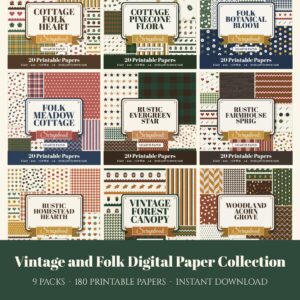 Vintage and Folk Digital Paper Collection, 9 digital paper packs