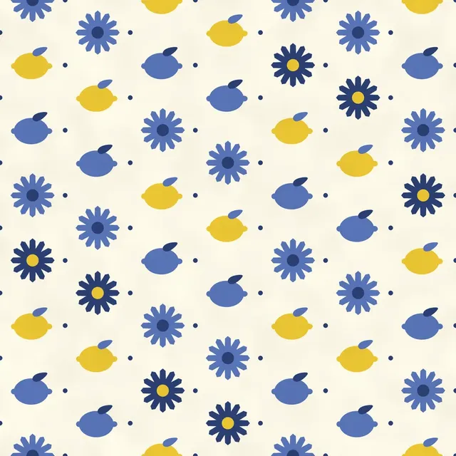 Lemon and daisy pattern in yellow and cornflower